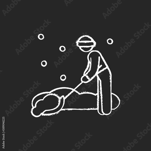 Snow removal job chalk white icon on black background. Snow plow operator. Clearing residential streets or trails. Snowfall. Seasonal employment. Isolated vector chalkboard illustration
