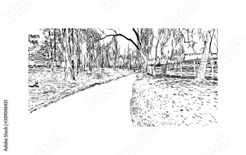 Building view with landmark of Canberra is the capital city of Australia. Hand drawn sketch illustration vector.