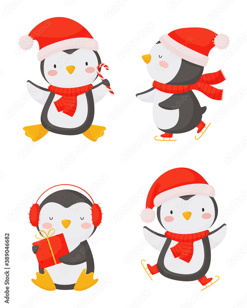 Christmas set with cute penguins in cartoon style on a white background.