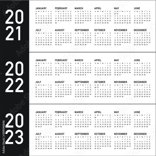 Calendar year 2021 2022 2023 vector design template, simple and clean design