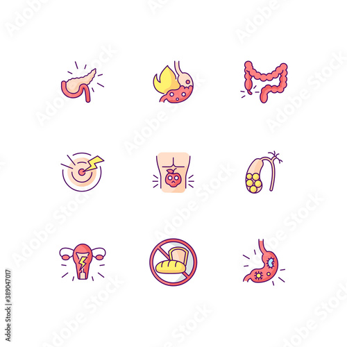 Pain in belly RGB color icons set. Pancreatitis. Burning sensation in belly. Appendicitis. Sudden and severe feeling. Food poisoning. Gallstones. Menstrual cramps. Isolated vector illustrations