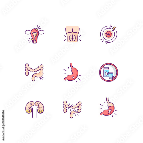 Abdominal pain RGB color icons set. Endometriosis. Abdominal muscle strain. Constipation. Long-term inflammation. Stomach ulcer. Lactose intolerance. Kidney stones. Isolated vector illustrations