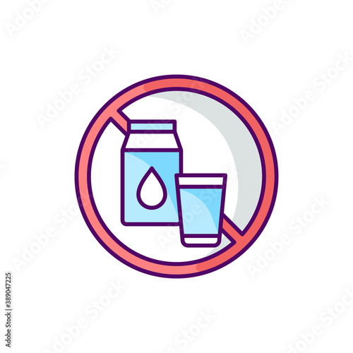 Lactose intolerance RGB color icon. Digestive disorder. Dairy products. Enzyme lactase. Milk and yogurt. Abdominal pain. Eating and drinking something with lactose. Isolated vector illustration