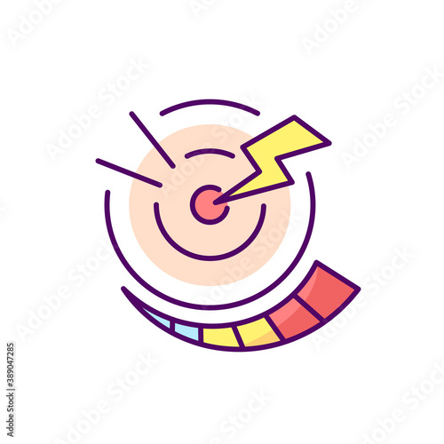 Progressive pain RGB color icon. Digestive system. Abdominal inflammation. Stomach cramps. Sharp, intermittent contractions. Uncomfortable feeling. Dyspepsia. Isolated vector illustration