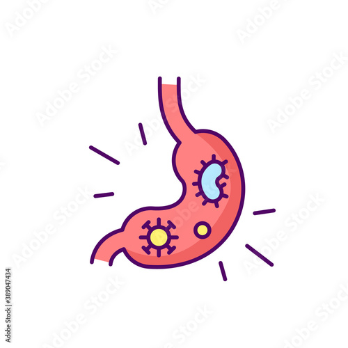 Stomach virus RGB color icon. Viral gastroenteritis. Intestinal infection. Diarrhea. Gastric flu. Food poisoning symptom. Bacterial tummy bug. Viral illness. Norovirus. Isolated vector illustration