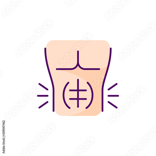 Abdominal muscle strain RGB color icon. Full rupture. Mild stretch. Pulled stomach muscle. Tear. Injury. Strengthening exercises. Swelling, cramping. Stiffness. Isolated vector illustration