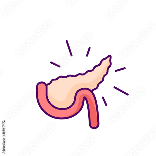 Pancreatitis RGB color icon. Stomach disease. Pathologic pancreas inflammation. Large gland. Digestive enzymes, hormones. Abdominal pain. Serious condition. Isolated vector illustration