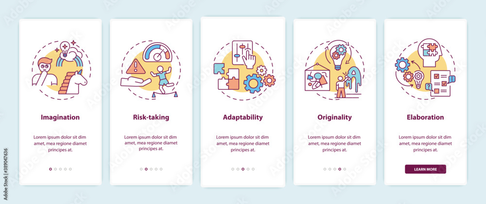 Creative thinking skills onboarding mobile app page screen with concepts. People imagination walkthrough 5 steps graphic instructions. UI vector template with RGB color illustrations Creative thinking skills onboarding mobile app page screen with concepts. People imagination walkthrough 5 steps graphic instructions. UI vector template with RGB color illustrations