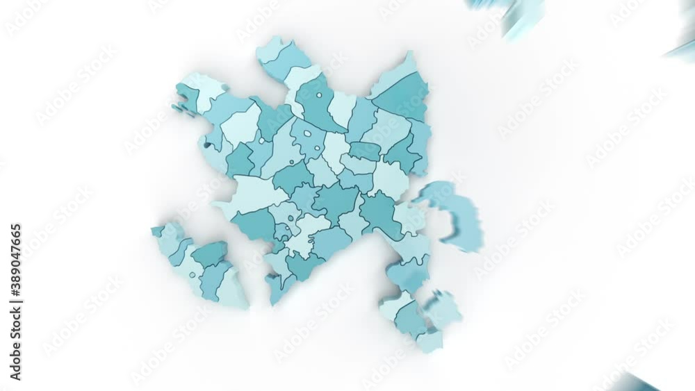 Map of Azerbaijan in blue-green colors, top view. Formed by separate areas falling from top to bottom against a white background. Map of Azerbaijan in blue-green colors, top view. Formed by separate areas falling from top to bottom against a white background.