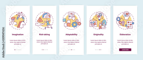 Creative thinking skills onboarding mobile app page screen with concepts. People imagination walkthrough 5 steps graphic instructions. UI vector template with RGB color illustrations