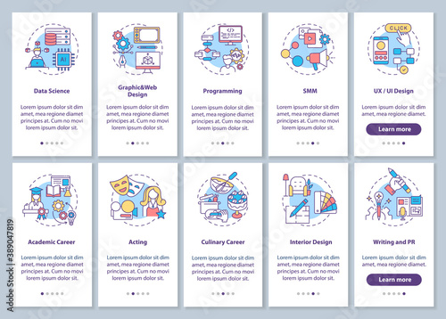 Thinking and creativity onboarding mobile app page screen with concepts set. Top careers for creative person walkthrough 10 steps graphic instructions. UI vector template with RGB color illustrations