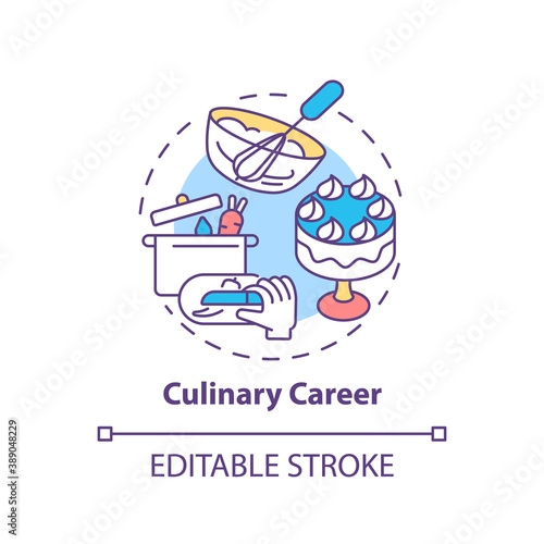 Culinary career concept icon. Top careers for creative thinkers. Cooking education. Becoming chef idea thin line illustration. Vector isolated outline RGB color drawing. Editable stroke