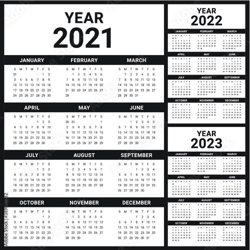 Calendar year 2021 2022 2023 vector design template, simple and clean design