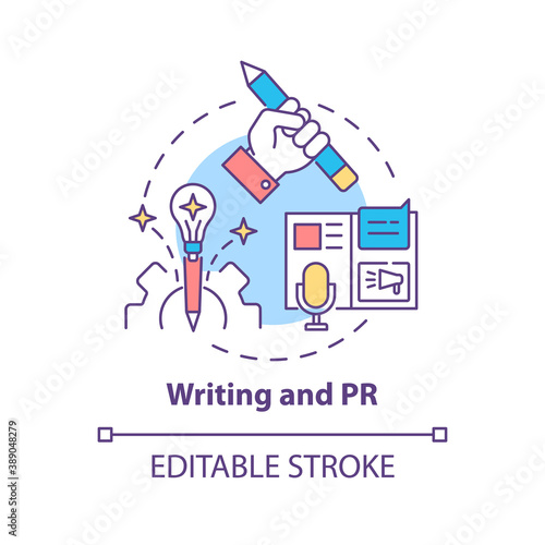 Writing and PR concept icon. Top careers for creative thinkers. Reach your target audience. Public relations idea thin line illustration. Vector isolated outline RGB color drawing. Editable stroke
