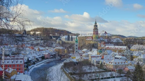 Time-lapse of Winter view old Town of Cesky Krumlov and Church in Cesky Krumlov, Czech republic