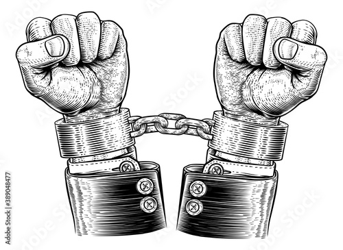 Hands in metal chains or shackle handcuffs and wearing business suit in a vintage woodcut revolution propaganda poster style.