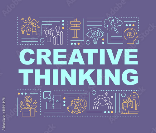 Creative thinking word concepts banner. Generating new ideas. Infographics with linear icons on purple background. Isolated typography. Vector outline RGB color illustration