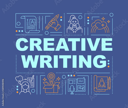 Creative writing word concepts banner. Storytelling and copywriting. Infographics with linear icons on navy background. Isolated typography. Vector outline RGB color illustration