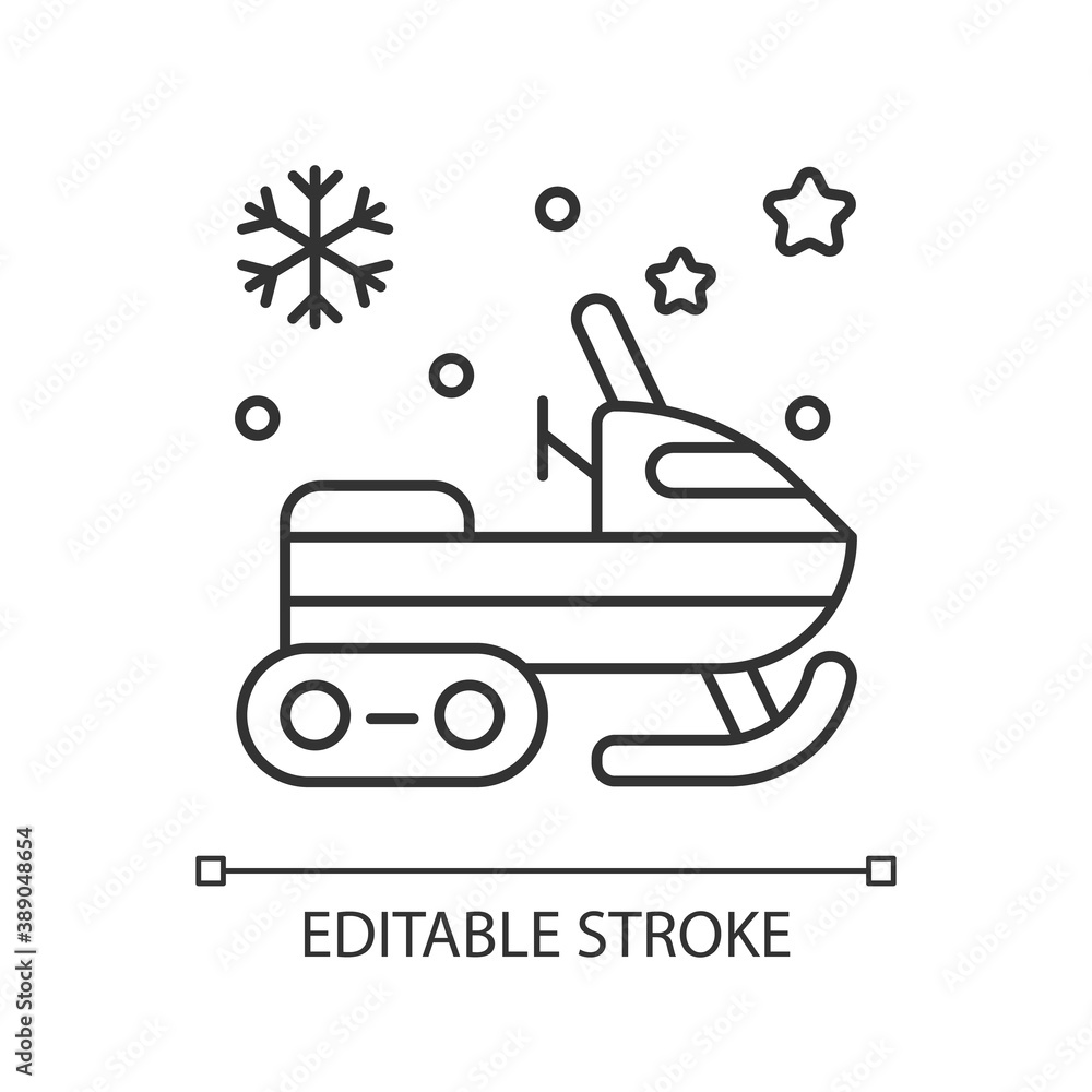 Snowmobile linear icon. Motor sled. Snow scooter. Snowmachine ride. Skidoo drive. Thin line customizable illustration. Contour symbol. Vector isolated outline drawing. Editable stroke Snowmobile linear icon. Motor sled. Snow scooter. Snowmachine ride. Skidoo drive. Thin line customizable illustration. Contour symbol. Vector isolated outline drawing. Editable stroke