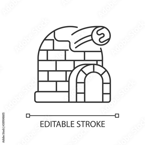Snow fort linear icon. Ice construction. Arctic igloo, icehouse. Winter season building. Thin line customizable illustration. Contour symbol. Vector isolated outline drawing. Editable stroke