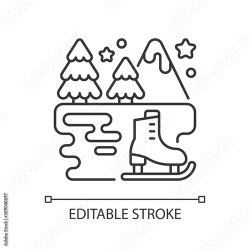 Outdoor ice skating linear icon. Outside rink. Winter fun. Seasonal entertainment. Thin line customizable illustration. Contour symbol. Vector isolated outline drawing. Editable stroke