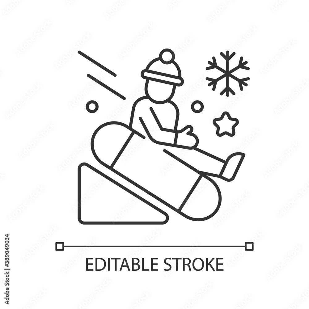 Snow tubing linear icon. Fun children ride downhill. Extreme sledging. Winter activity. Thin line customizable illustration. Contour symbol. Vector isolated outline drawing. Editable stroke