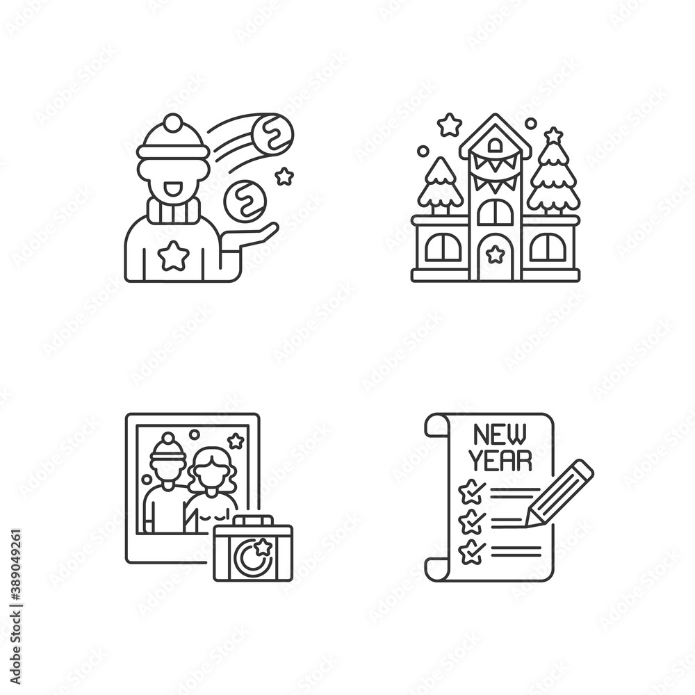 Festive season activity linear icons set. Snowball fight. Christmas photography. New Year resolution. Customizable thin line contour symbols. Isolated vector outline illustrations. Editable stroke