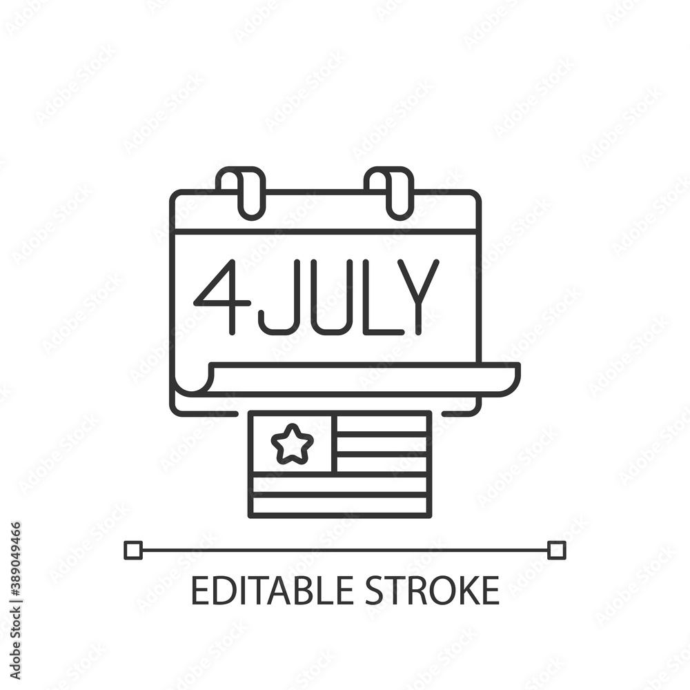 Independence day linear icon. July 4. Federal holiday in United States. Patriotic displays. Thin line customizable illustration. Contour symbol. Vector isolated outline drawing. Editable stroke Independence day linear icon. July 4. Federal holiday in United States. Patriotic displays. Thin line customizable illustration. Contour symbol. Vector isolated outline drawing. Editable stroke