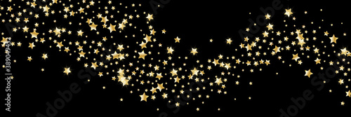 Confetti of shooting golden stars. Golden stars. Festive background, design cards, invitations. Abstract texture on a black background. Design element. Vector illustration, eps 10.