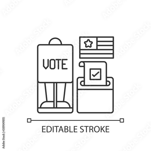 Voting booth linear icon. Cabin in polling station. Casting ballots in elections. Privacy screen. Thin line customizable illustration. Contour symbol. Vector isolated outline drawing. Editable stroke