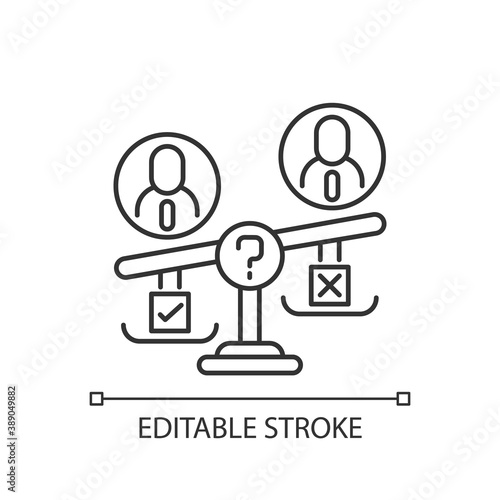 Swing vote linear icon. Election campaign. Floating voter. Two dominant political parties. Thin line customizable illustration. Contour symbol. Vector isolated outline drawing. Editable stroke