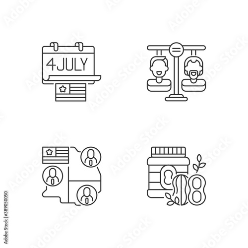 United States linear icons set. Independence day. Equality land. Electoral college. Peanut butter. Customizable thin line contour symbols. Isolated vector outline illustrations. Editable stroke