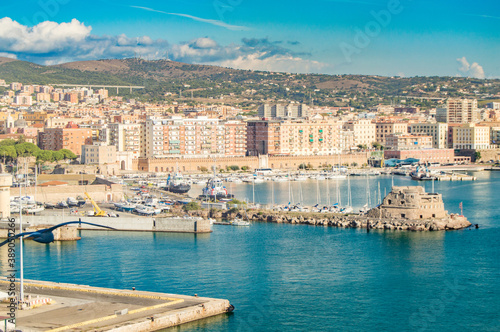 View of Civitavecchia, Rome's cruise and ferry port. City in the background, Sunny day, view from the sea