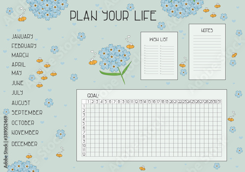 Plan your life set with Wish list, Notes, Goal and habit tracker for the year with months list for stickers, forget-me-nots, bees