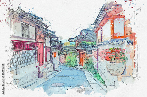 Watercolor drawing picture of Hanok famous old town at seoul south korea. photo