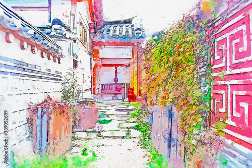 Photography Watercolor drawing picture of Hanok famous old town at seoul south korea