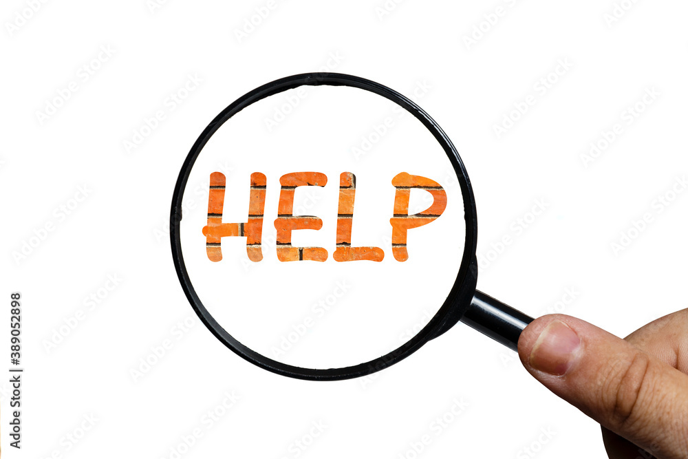 help text and magnifying glass in hand on white background.