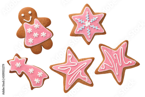 Christmas Gingerbread Cookies With Pink Icing Isolated