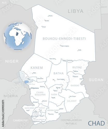 Blue-gray detailed map of Chad administrative divisions and location on the globe.