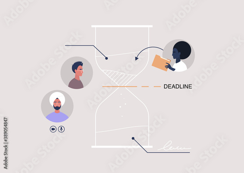 A time management scheme, a sand clock outline showing cycles and deadlines, a teamwork project
