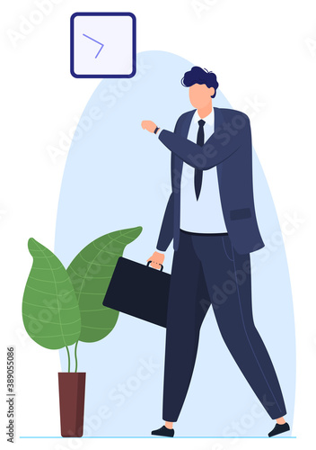 Businessman hurries to a business meeting, does not have time for a meeting, the man runs and looks at his watch. Vector illustration