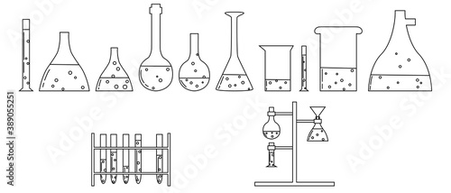 Set with medical laboratory equipment. Test tube, jars, beakers, flasks and test tube holder. soleted outline illustration photo