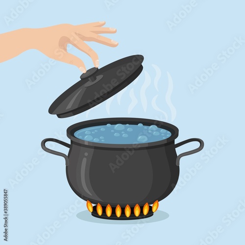 Boiling water in pan. Cooking pot on stove with water, steam, fire. Vector flar design