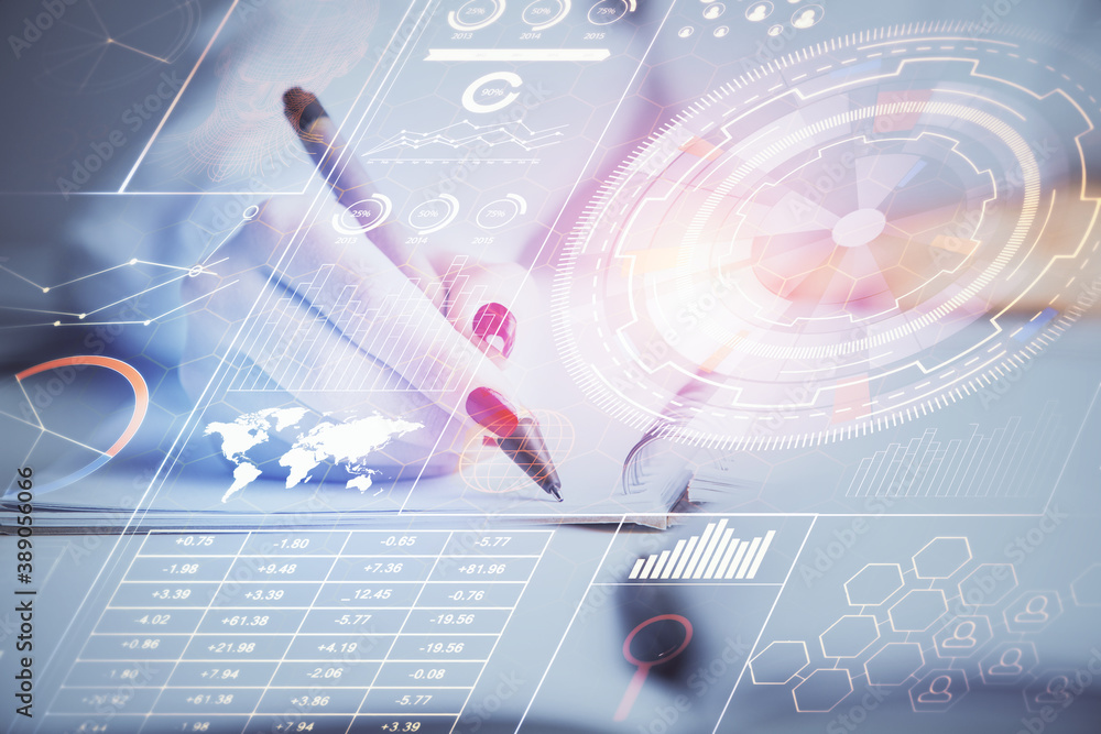 Multi exposure of woman's writing hand on background with data technology hologram. Concept of innovation. Multi exposure of woman's writing hand on background with data technology hologram. Concept of innovation.