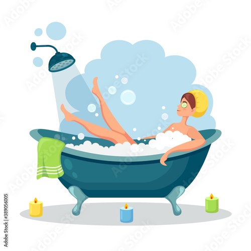 Happy woman taking bath in bathroom with towel. Wash head, hair, body, skin with shampoo, soap, sponge, water. Bathtub full of foam with bubbles. Hygiene, everyday routine, relax