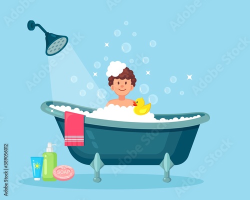 Happy man taking bath in bathroom with rubber duck. Wash head, hair, body, skin with shampoo, soap, sponge, water. Bathtub full of foam with bubbles. Hygiene, everyday routine, relax. Vector design
