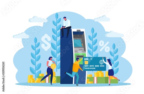 ATM bank terminal. Woman, man customer standing near credit card reader machine and withdraw money. Character with cash, currency. Vector cartoon design