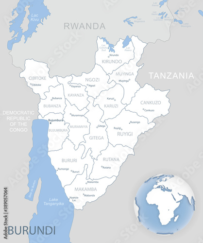 Blue-gray detailed map of Burundi administrative divisions and location on the globe.