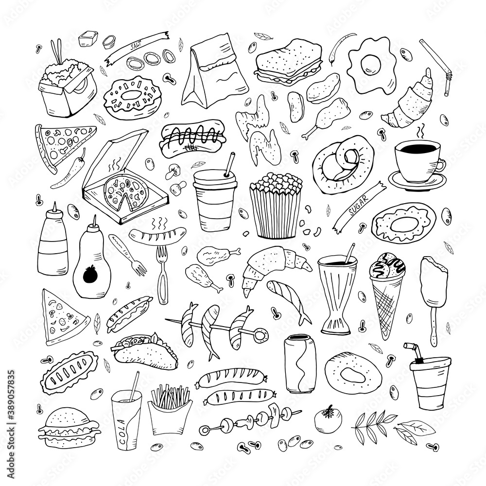 Set of hand drawn doodle fast food icons. Hand drawn doodle set Fast food. Vector illustration. Junk food items collection. Cartoon snack different sketch icon: soda, hamburger, french fries, hot dog,