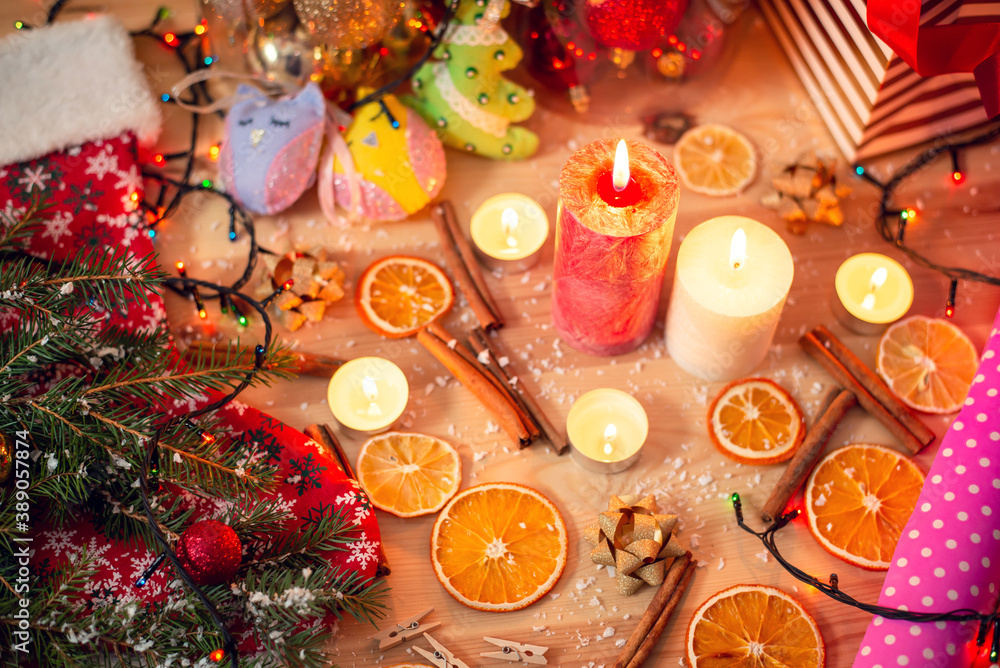 Christmas mood, festive lighted background, warm colours. Winter holidays decor, preparation for celebration.